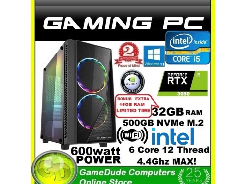 X GAMER INTEL i5 6-Core 12-THREAD 4.4GHz Gaming PC 32GB DDR4 ram 500GB M.2 SSD RTX-3060 Graphics WiFi &lt;b&gt;WINDOWS-11 HOME 2Year WNTY&lt;/b&gt;