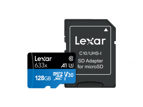 Lexar LSDMI128BB633A, High-Performance 633X MicroSDHC, 128GB, UHS-I, Read Speed: Up to 100MB/s, Write Speed: Up to 45MB/s MODEL : LSDMI128BB633A 