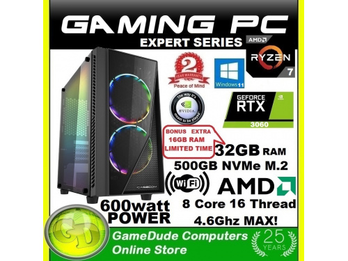 X GAMER RYZEN7 5700X 8-Core 16-THREAD 4.6GHz Gaming PC 32GB DDR4 ram 500GB NVMe SSD RTX-3060 WiFi &lt;b&gt;Windows-11 2 Year WNTY&lt;/b&gt;