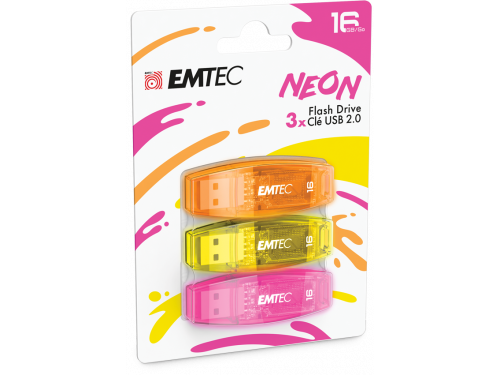 EMTEC 16gb 3Pack USB2.0 NEON Flash Drive Model: ECMMD16GC410P3NEO
