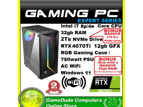 X GAMER INTEL i7 8p/4e-Core 20-THREAD Gaming PC 32GB Ram 2TB NVMe SSD RTX-4070Ti Graphics AC WiFi Windows-11 &lt;b&gt;2 Year WNTY&lt;/b&gt;