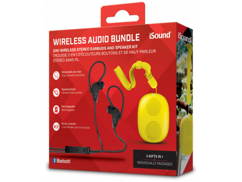 iSOUND Wireless Audio Bundle 2 in 1 Stereo Earbuds and Speaker Kit - Music Controls - Ear Clip - YELLOW (845620069132)  ITEM # : ISOUND-6913