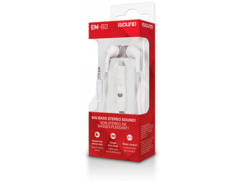 iSOUND EM-60 Big Bass Stereo Earbuds WHITE Hands Free Calls - Music Controls - Tangle Free Cord (845620057269)  ITEM # : DGHP-5726