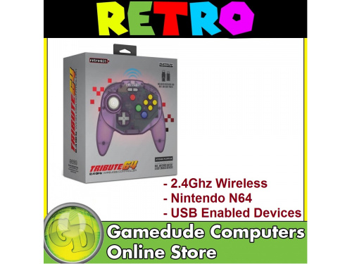 Retro-Bit Tribute 64 N64 / USB 2.4Ghz Wireless Controller - Atomic Purple MODEL : RB-N64-3193  (849172013193)