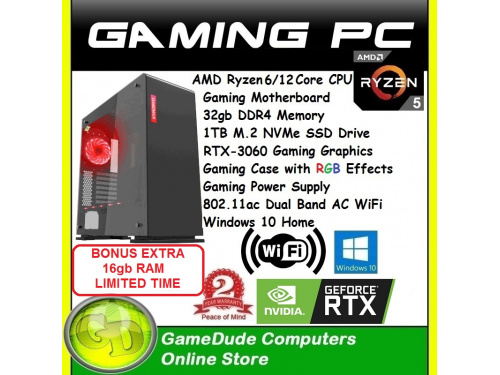 X GAMER RYZEN5 6-Core 12-THREAD 4.6GHz Gaming PC - 32GB DDR4 ram - 1TB NVMe SSD - RTX-3060 Graphics - AC WiFi &lt;b&gt;Windows-10 2 Year WNTY&lt;/b&gt;